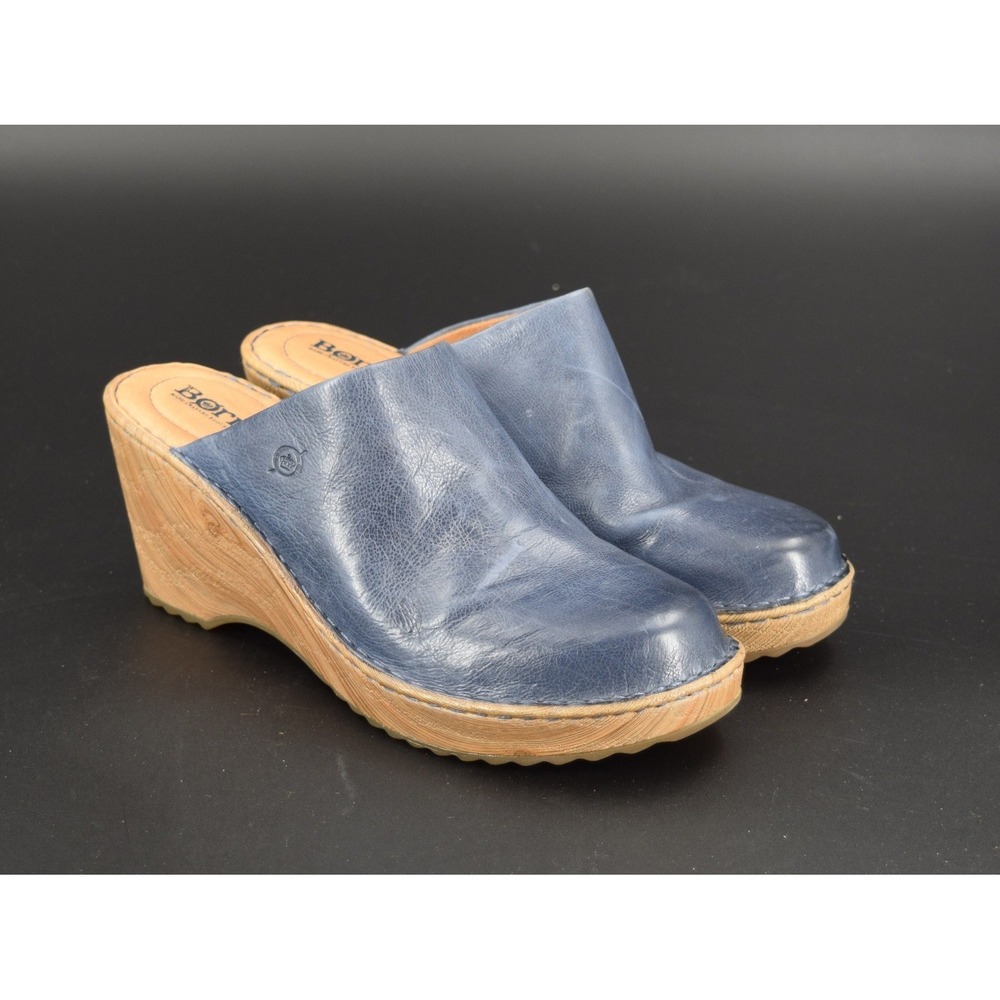 Born Leather Wedge Mules Womens 10 Blue Good Handcrafted Opanka Clogs Slip On